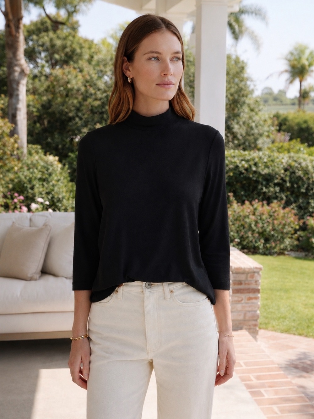 Vince Black Mock Neck Knit Top Three Quarter Sleeve Minimalist S